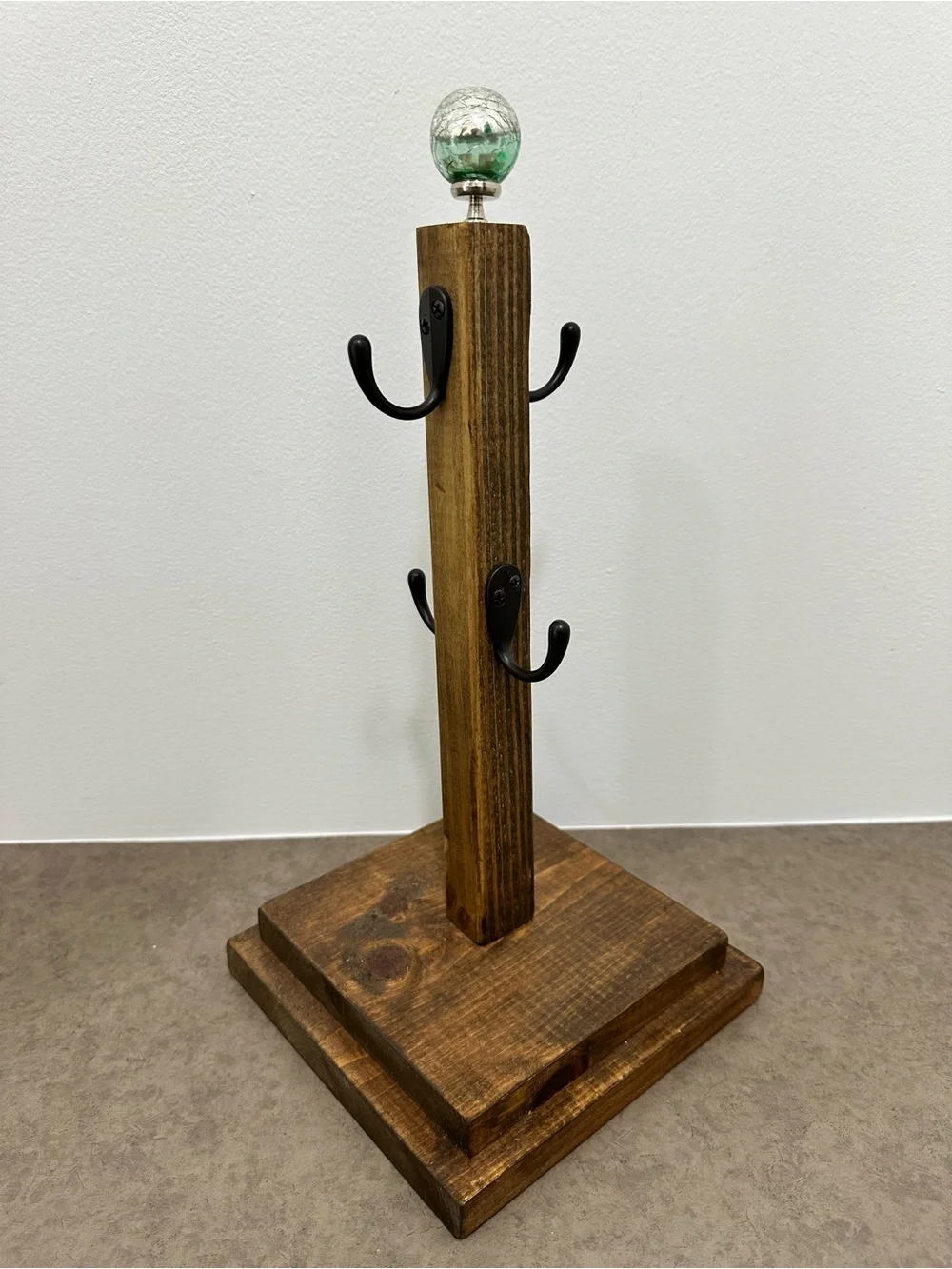 Handcrafted Rustic Wooden Coffee Mug Stand Hook Rack Green Crackled Glass Accent